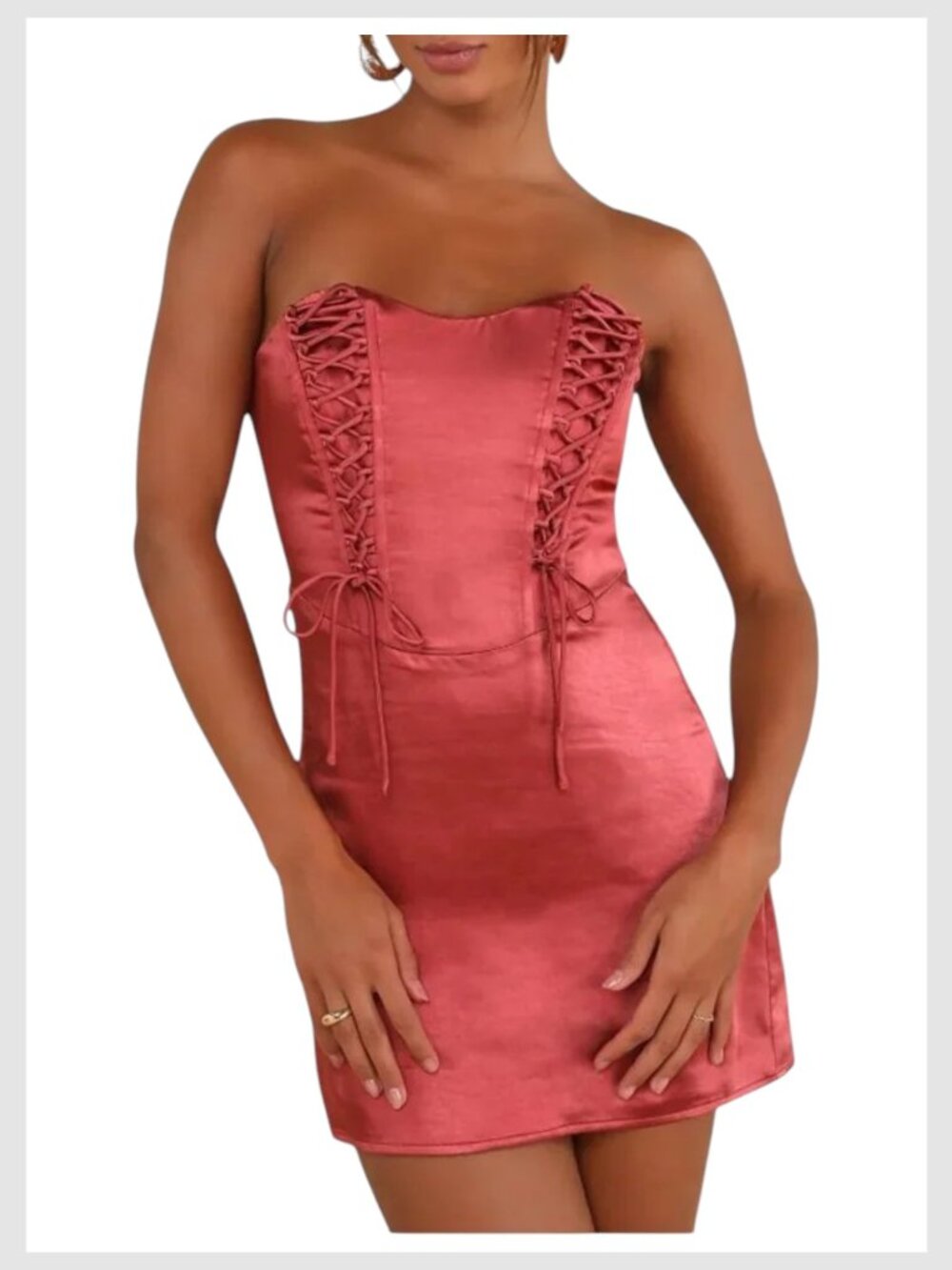 Lulu’s Strapless Satin Lace-Up Mini Dress Rusty Rose Size S